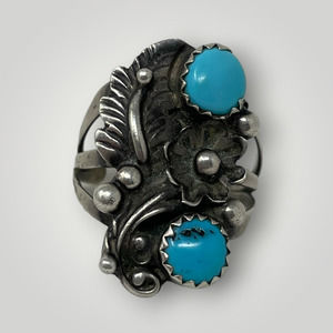 Vintage Sterling Silver Tuquoise Native Ring Floral Raindrop Squash BLossom Sz 6